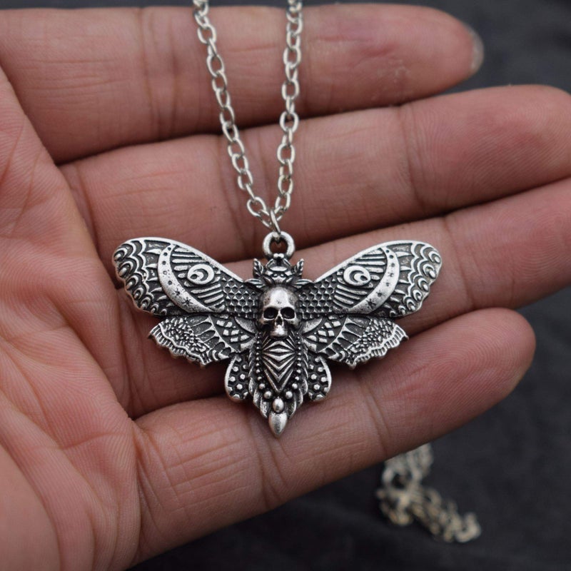 SanLan Big Skull and Dead Moth Head Insect Jewellery Butterfly Pendant Necklace (Silver & Style 2) - Image 2